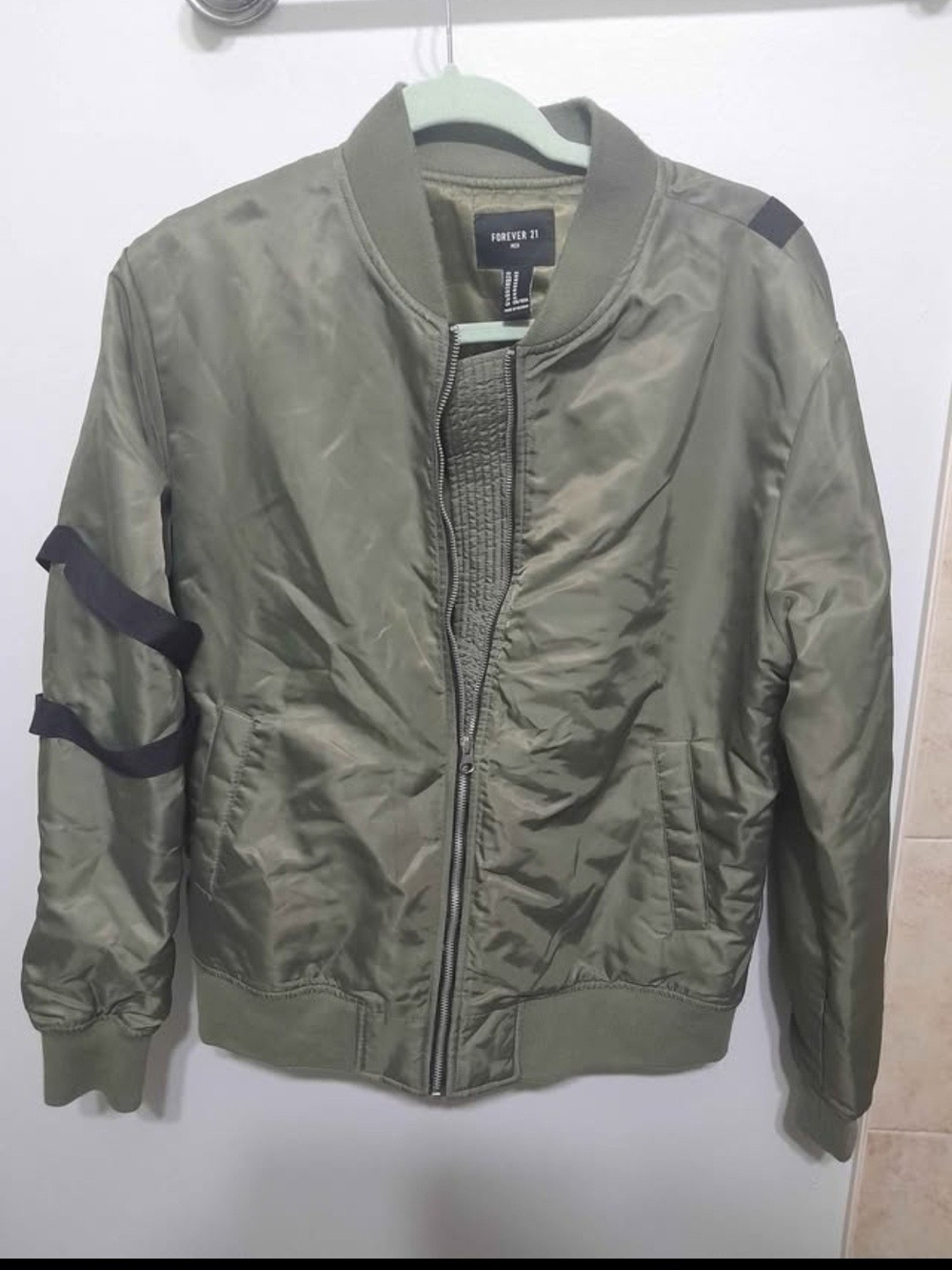 Forever 21 Men's Olive Green Bomber Jacket with Black Stripe Detail